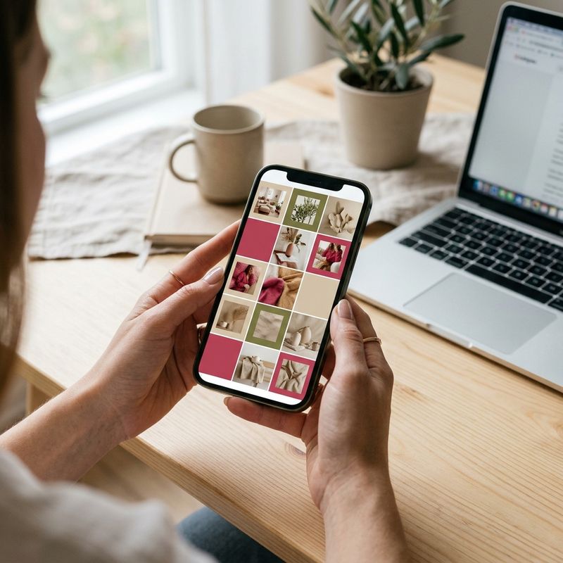 Celular mostrando um perfil de Instagram com posts organizados